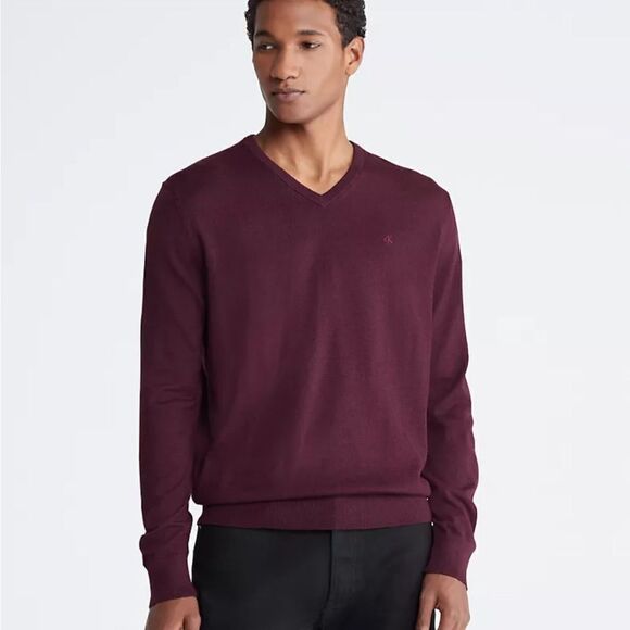 CALVIN KLEIN Tawny Port Extra Fine Merino Washable V Neck Sweater-L - Picture 1 of 11